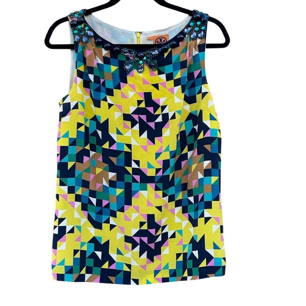 Tory Burch Silk Embellished Sleeveless Top Size 8 Geometric Pattern Bold Colors